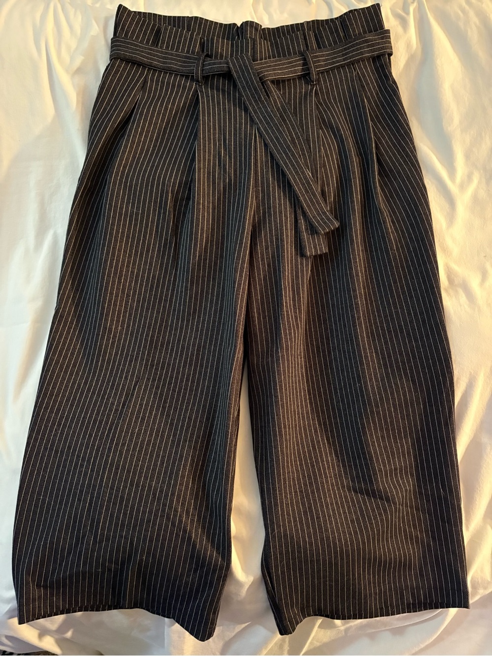 Simons Black Pinstripe Cropped Paperbag-Waist Pants